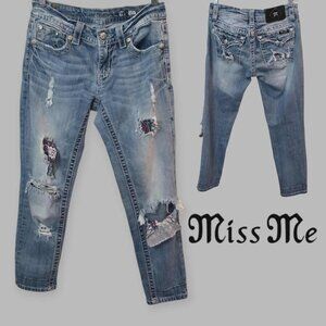 Miss Me Distressed Ripped Patchwork Cropped Ankle Skinny Blue Jeans Womens 28